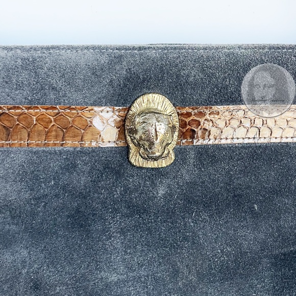 Vintage Ruth Saltz Shoulder Bag Retro 80s Gray Suede Tan Snakeskin Cougar Head - Picture 2 of 7